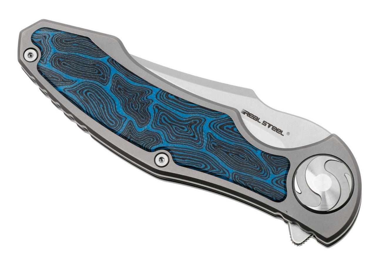 Real Steel Exorcist 942d CPM S35VN, Sandblasted Titanium, Blue Damascus G10 Inlays zakmes, Carson Huang design
