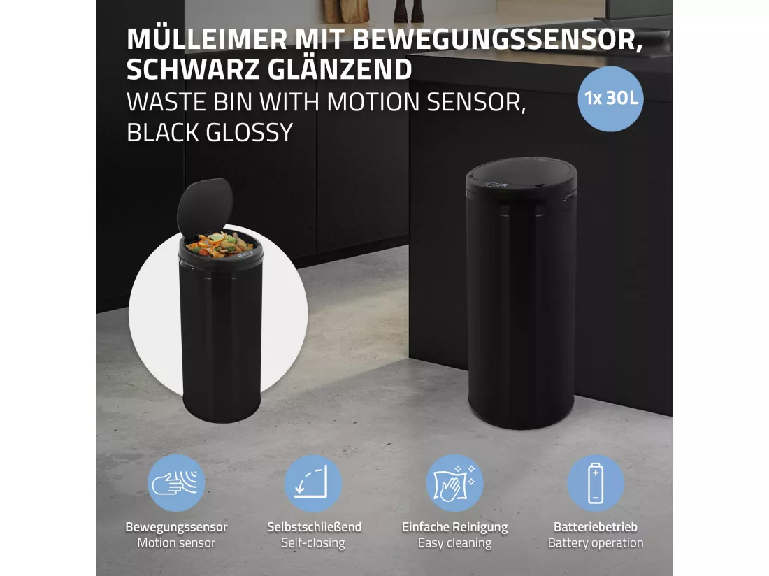 Poubelle 30L avec détecteur de mouvement en acier inoxydable ronde noir brillant