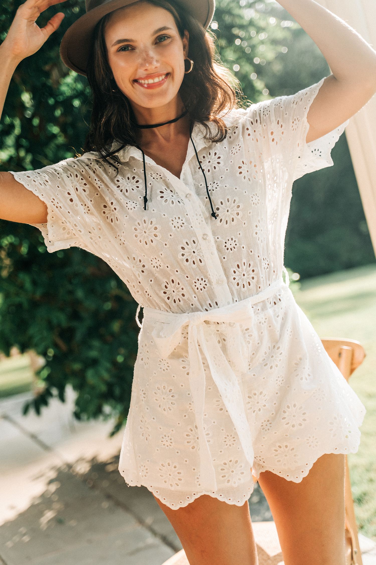 Combishort en pur coton à col chemise et œillets festonnés blanc