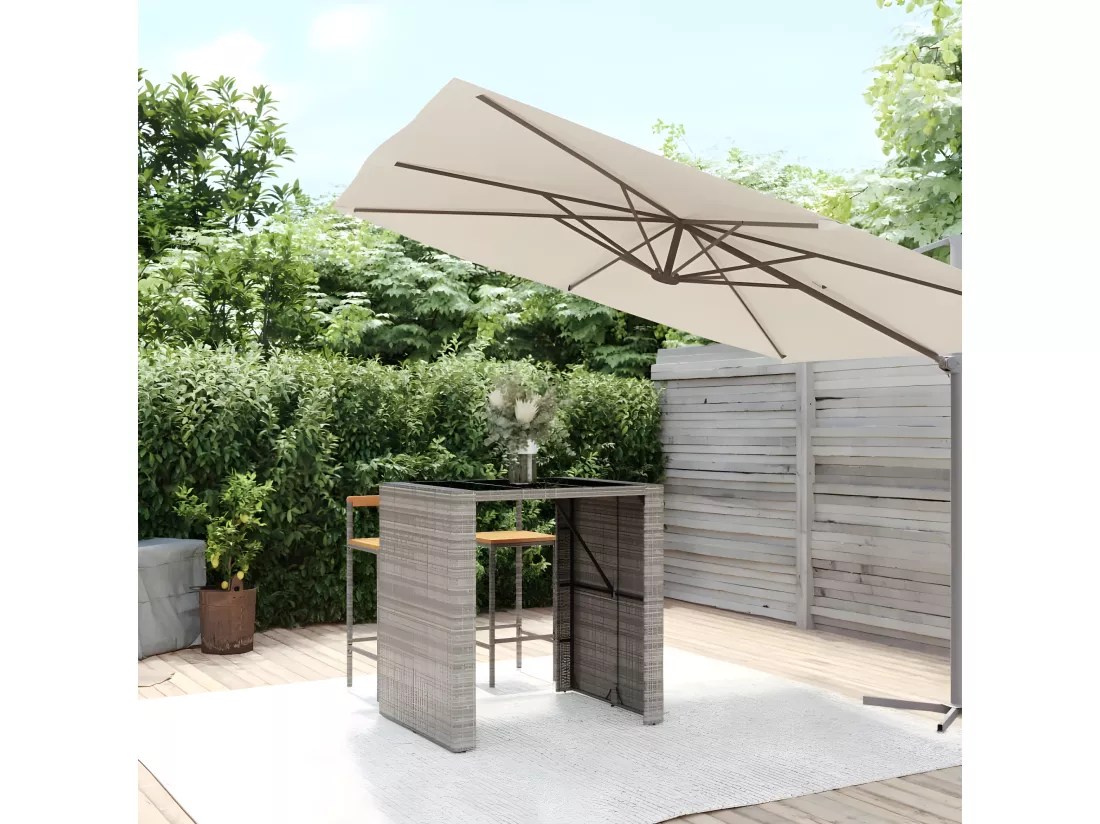 Prolenta Premium - Table de bar et dessus en verre gris 105x80x110 cm poly rotin