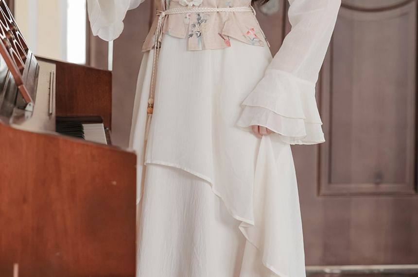 Moregirl - Mock Two-Piece Flared-Cuff Floral Embroidered Frog Buttoned Midi A-Line Dress