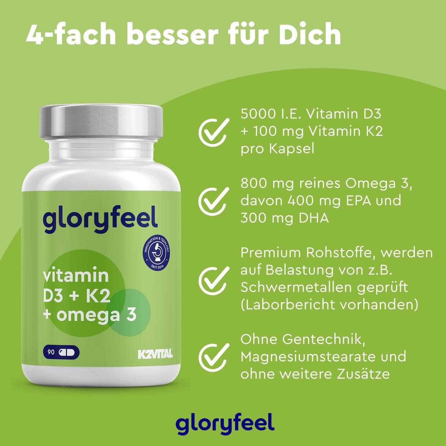 gloryfeel® Vitamin D3 5.000 I.E. K2 & Omega 3 Kapseln