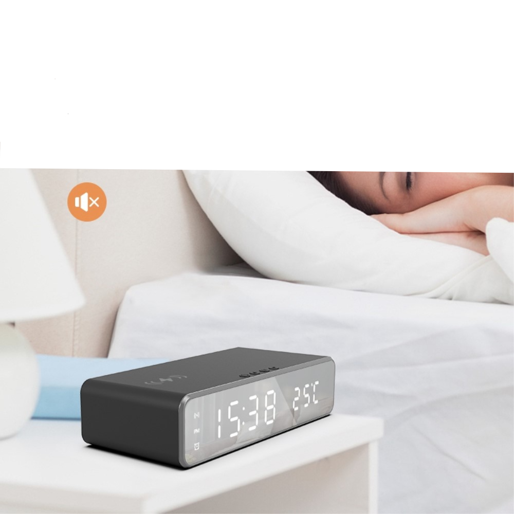 (16x8cm) Digitaler LED Wecker Dimmbar mit Thermometer und Qi Wireless Ladestation - Schwarz