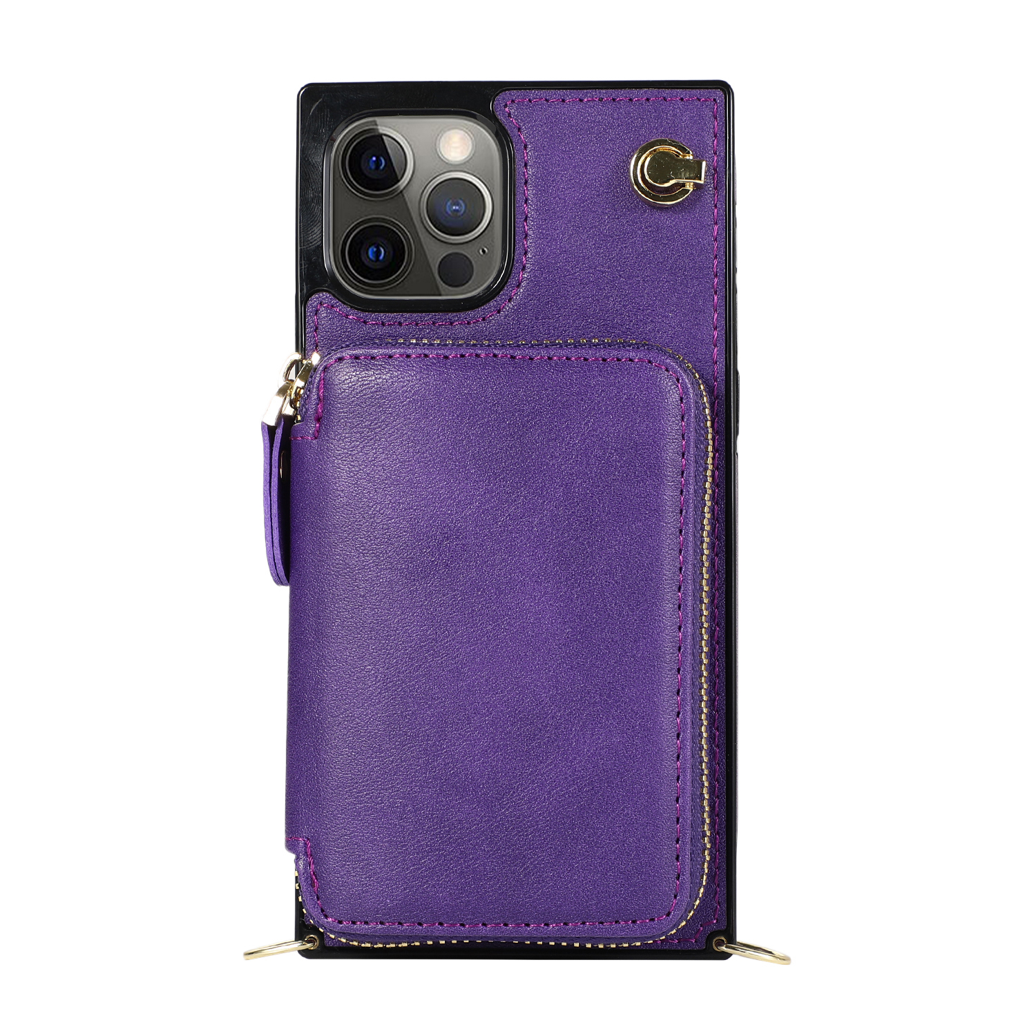 iPhone 13 Pro Necklace Leder Schutz Hülle mit Kartenfächer   Handykette (140cm) - Violett