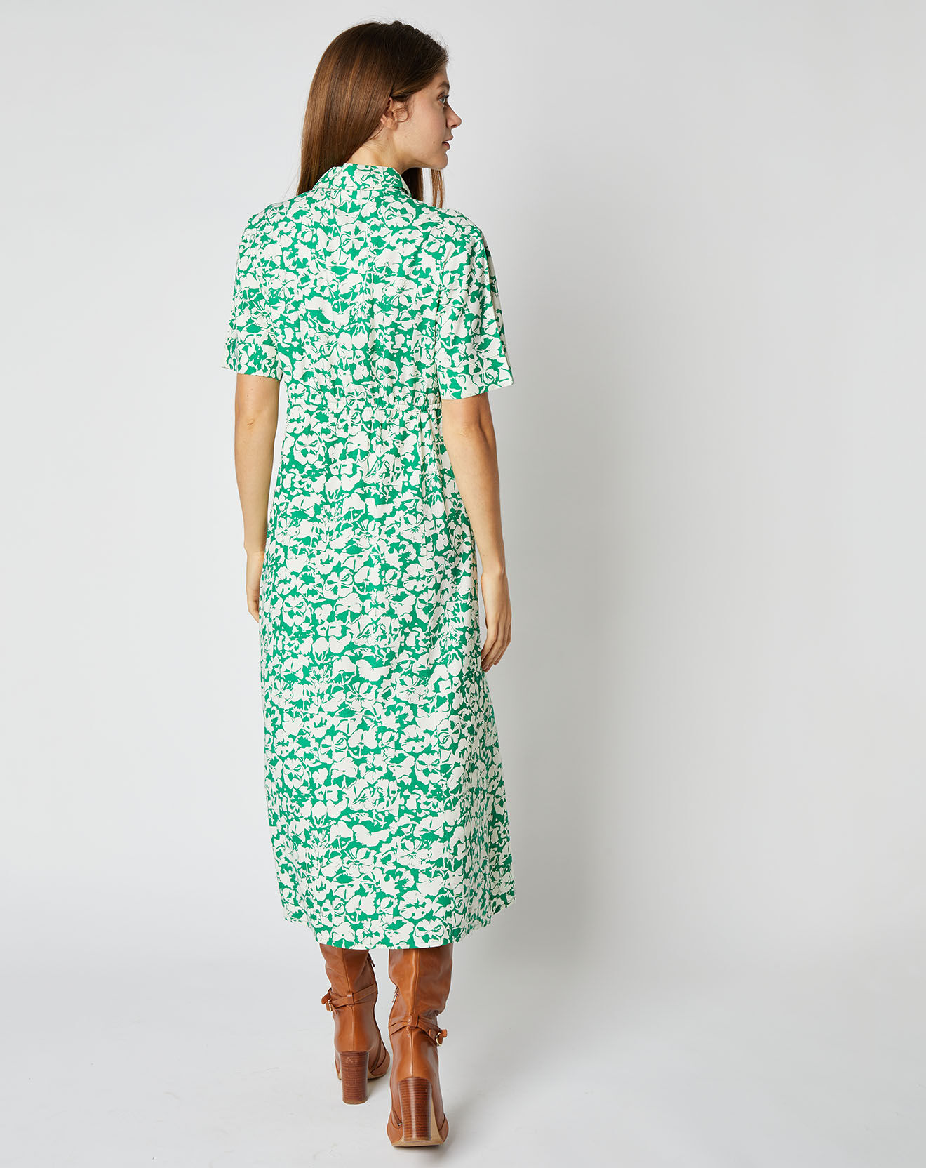 An'ge Robe chemise Elena coupe longue et cintrée à motifs vert/écru