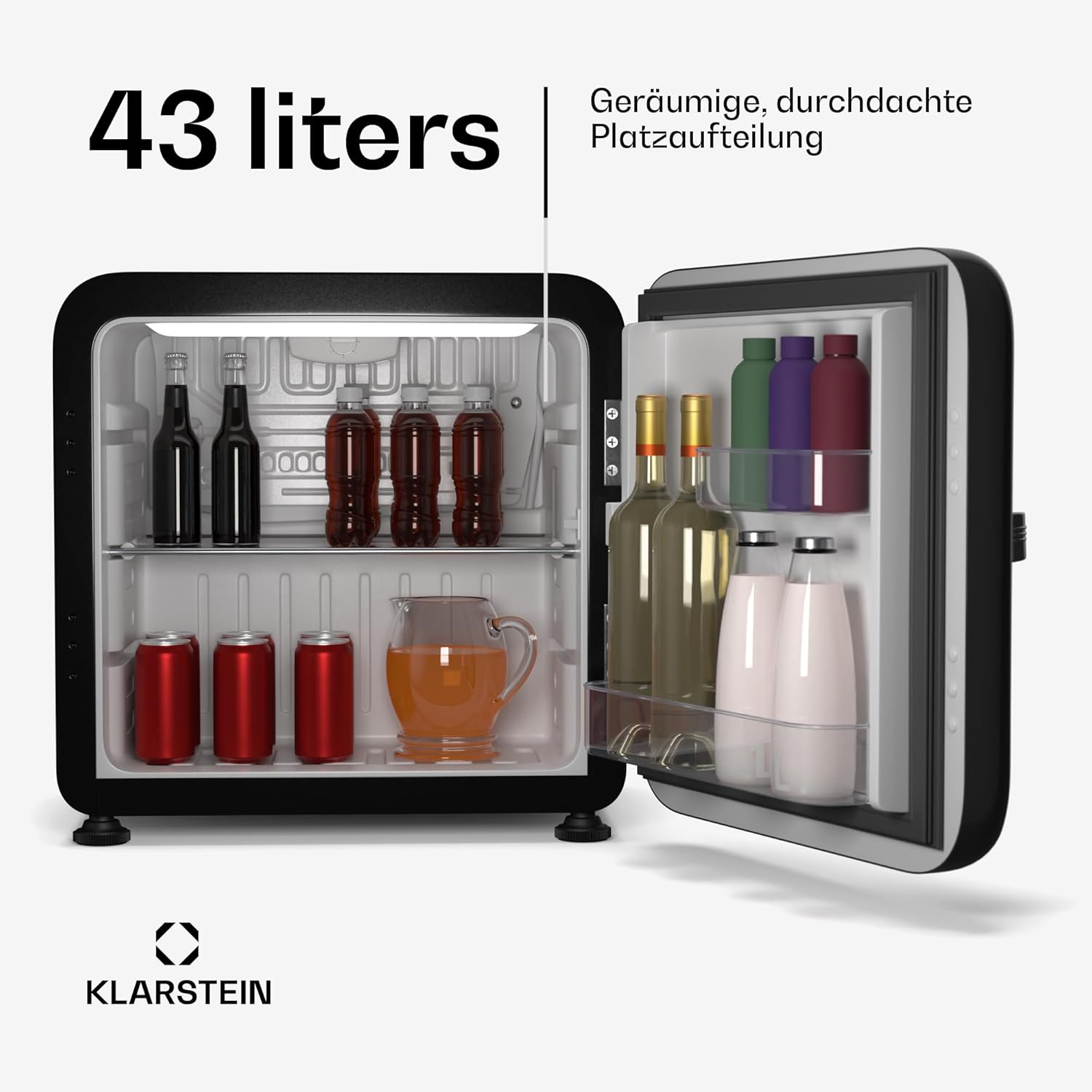 Klarstein Audrey Evo 43L Mini Kühlschrank - Retro-Design, Leise 40 dB, Kompressor, Verstellbare Füße, Wendetür, Kühlschrank Klein für Schlafzimmer und Büros, Schwarz