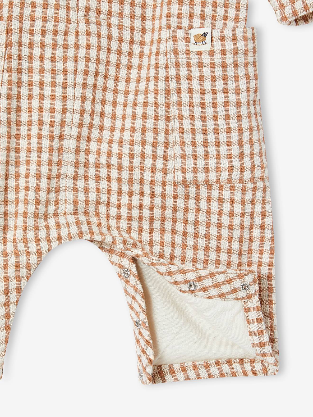 Macacão de chiffon de algodão com forro para bebê, xadrez marrom.
