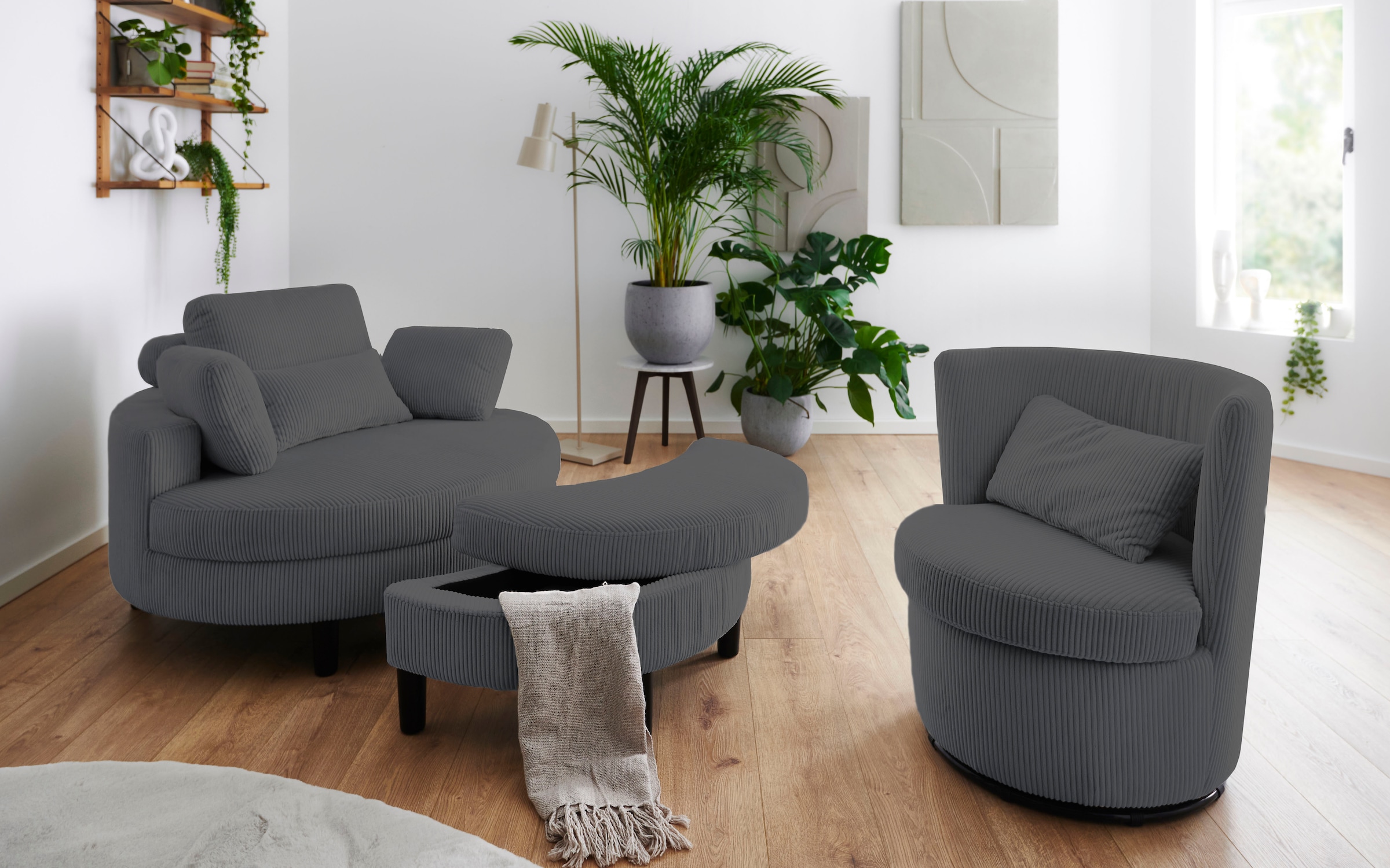 ATLANTIC home collection Loveseat »Ravi, B: 114 cm« XXL- Sessel, mit Stauraumhocker, Rückenstütze & 4 Zierkissen