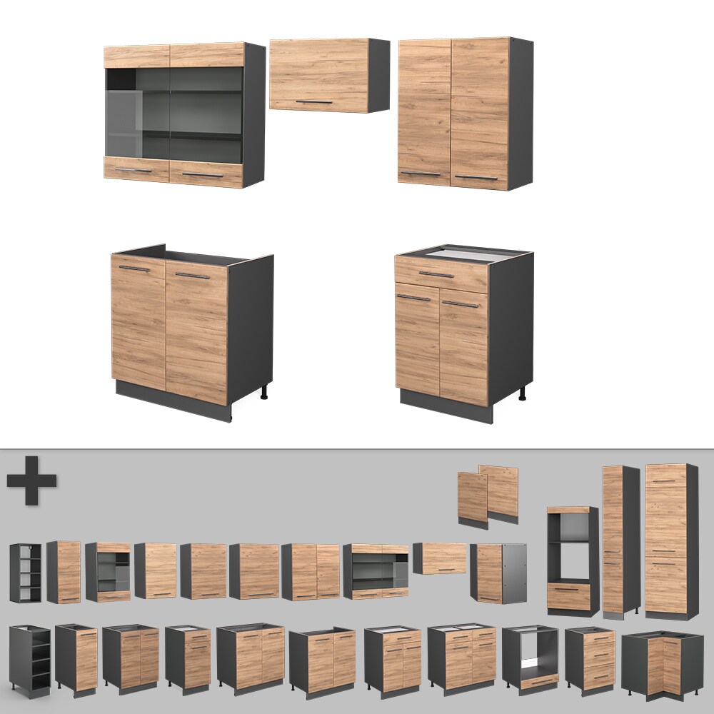 Vicco Küchenzeile Küchenblock Einbauküche Fame-Line Anthrazit Eiche 200 cm modern Küchen Schränke Schubunterschrank Spülenunterschrank Hängeschrank Hängeglasschrank