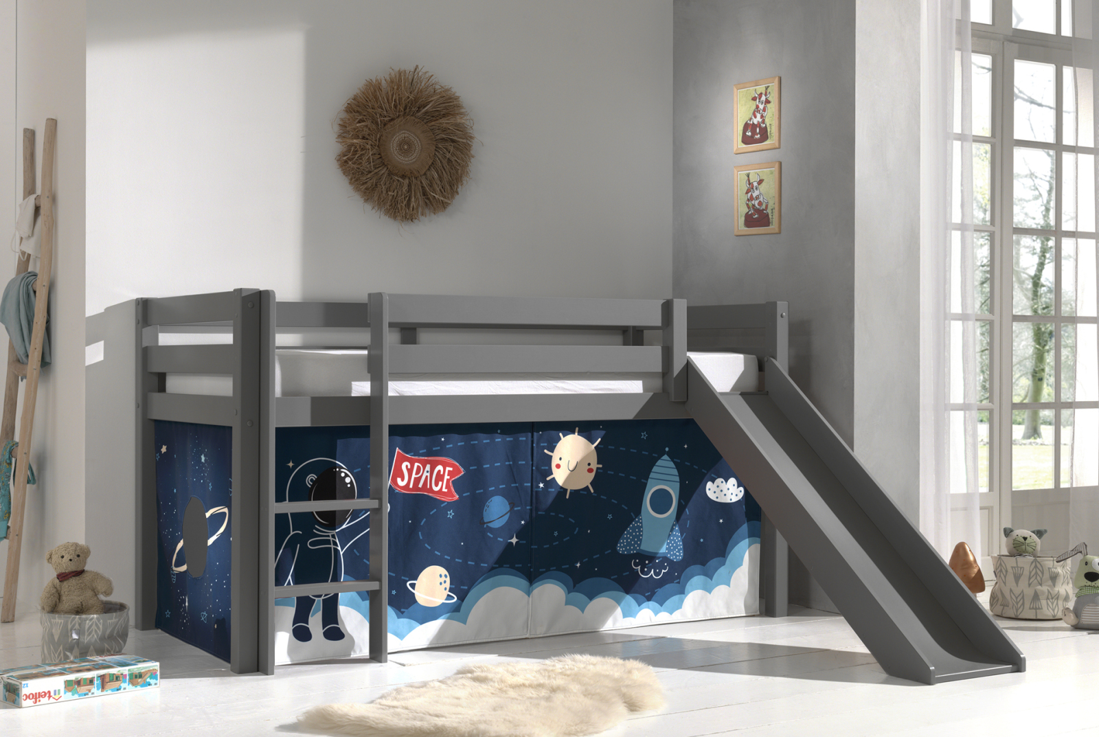 Halbhochbett PINO - SPACE SHUTTLE - Kiefer grau Massivholz - mit Rutsche - 90x200 cm