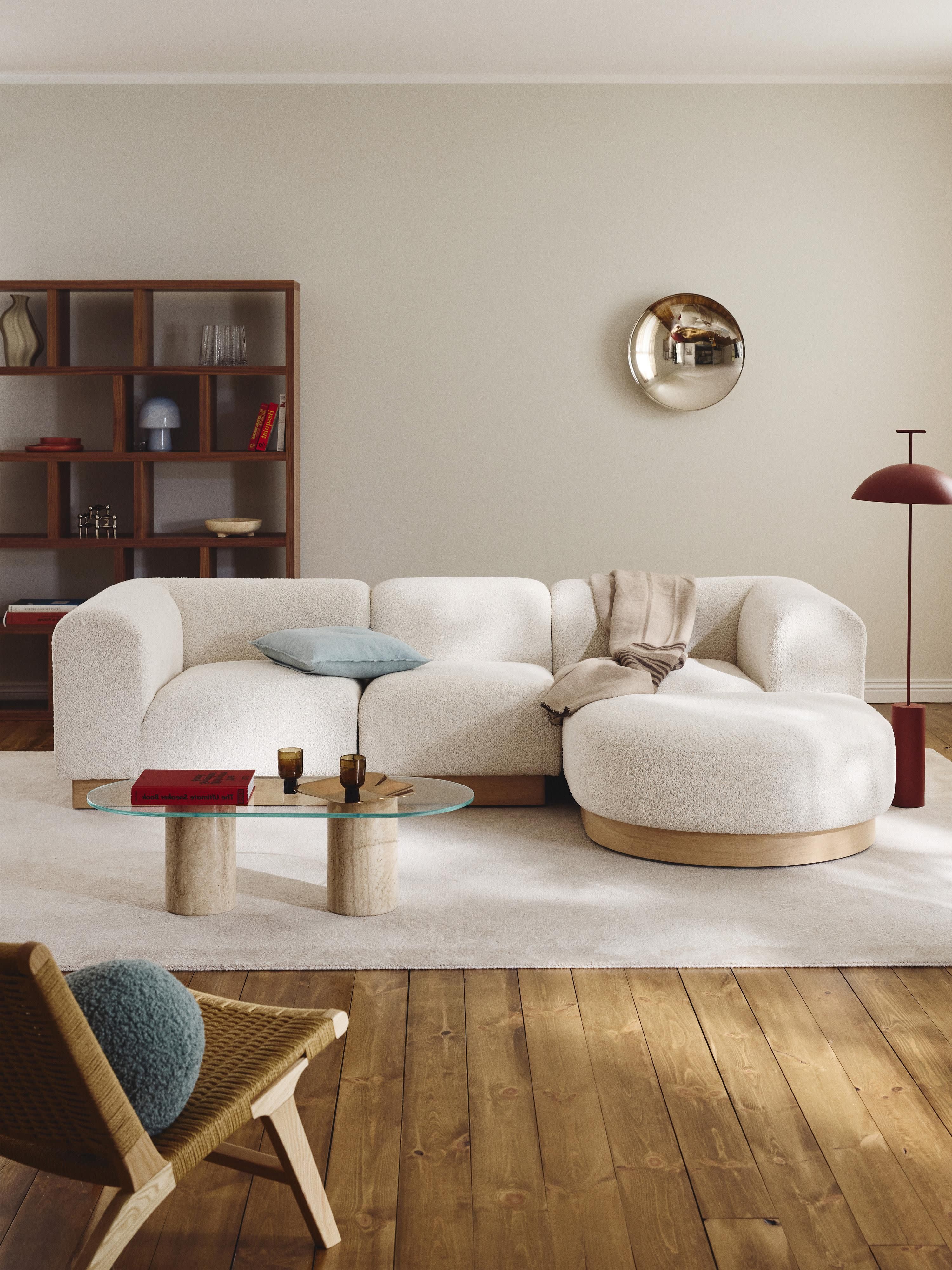 Modulaire bank Natalie (3-zits) uit teddy-bouclé met kruk (links/rechts)