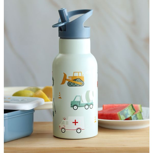 A Little Lovely Company RVS Drinkfles - Vehicles - 350 ml - Lichtblauw