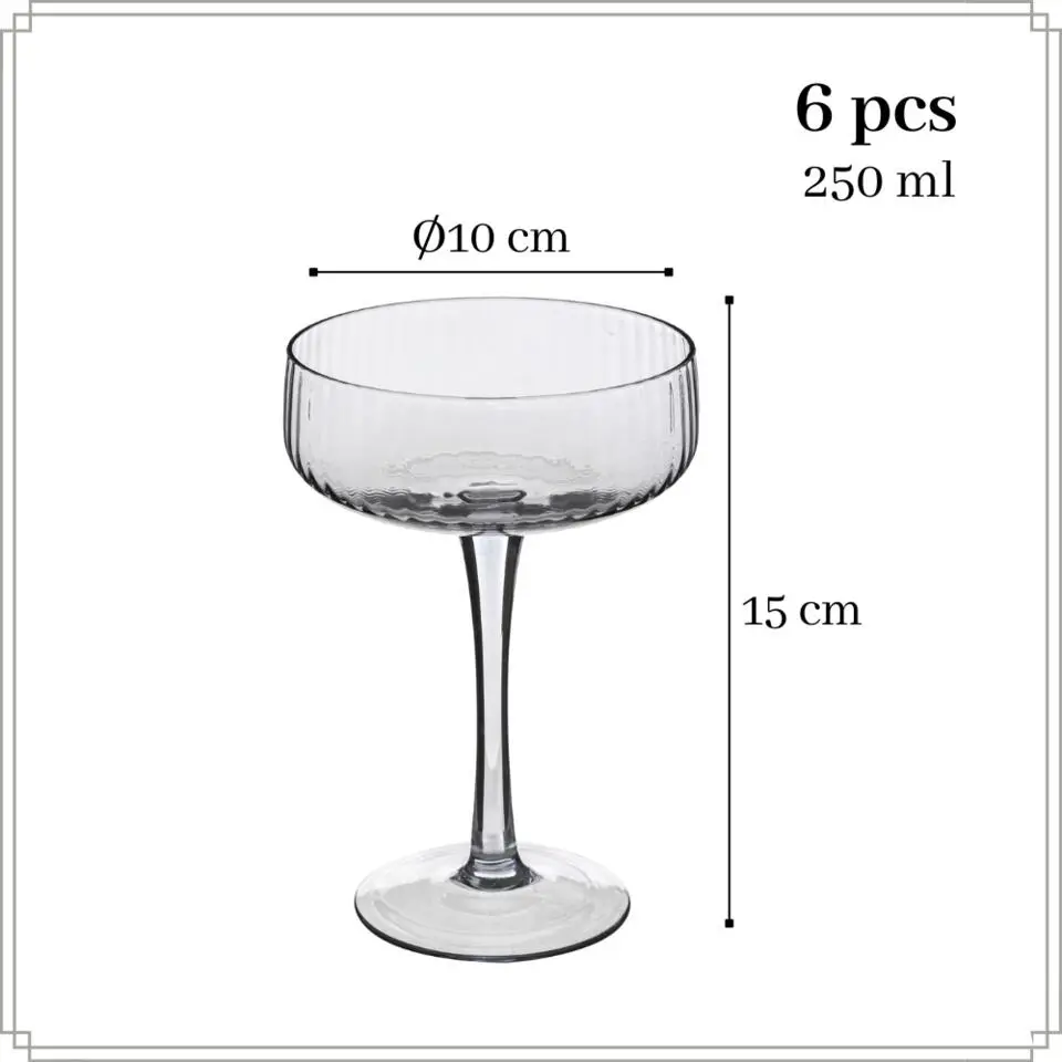 OTIX Champagnecoupe Glazen 6 Stuks Reliëf Ribbel Smoke Glas Grijs