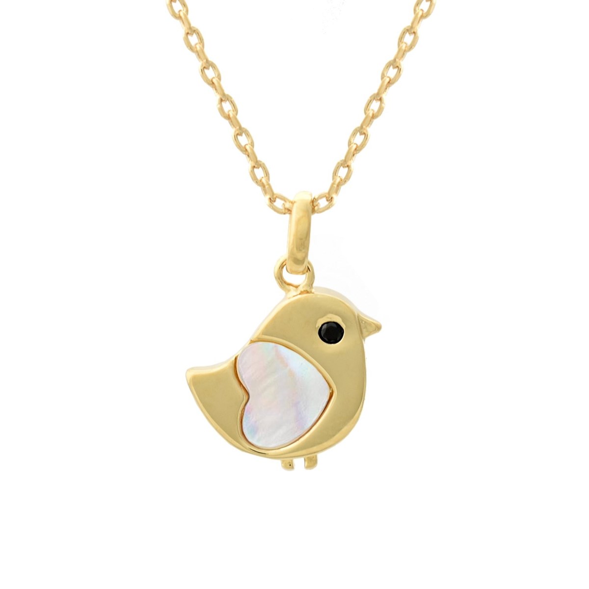Collier oiseau coeur de nacre oeil oxyde de zirconium noir Plaqué OR 750 3 microns