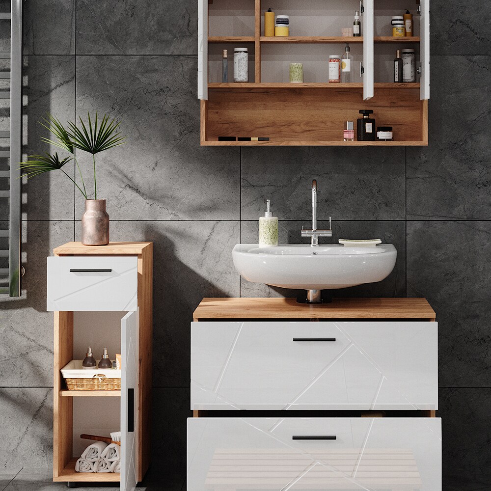 Vicco Badmöbelset Irma Eiche Weiß Hochglanz modern 80 cm 30 cm Badezimmerschrank Badschrank Badezimmermöbel Waschtischunterschrank Spiegelschrank Midischrank Schranktür Schrankfach Schrankschublade