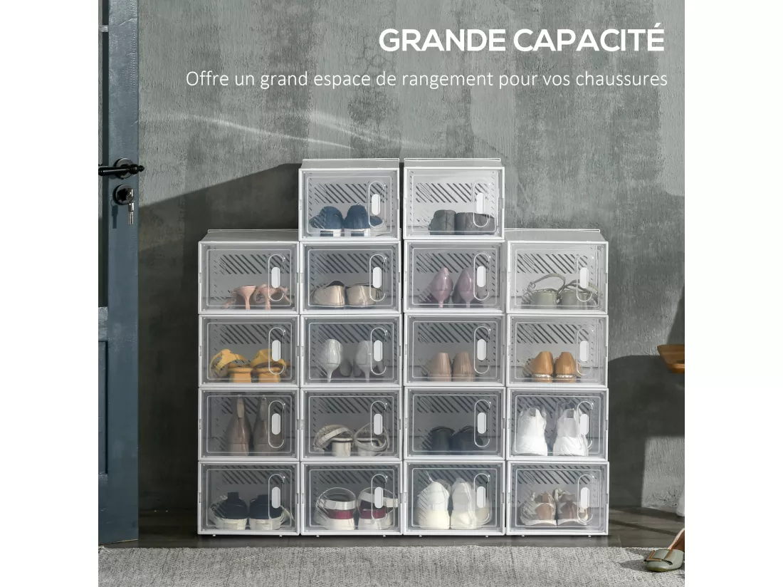 Lot de 18 boites cubes rangement à chaussures modulable avec portes transparentes - dim. 25L x 35l x 19H cm - PP blanc transparent