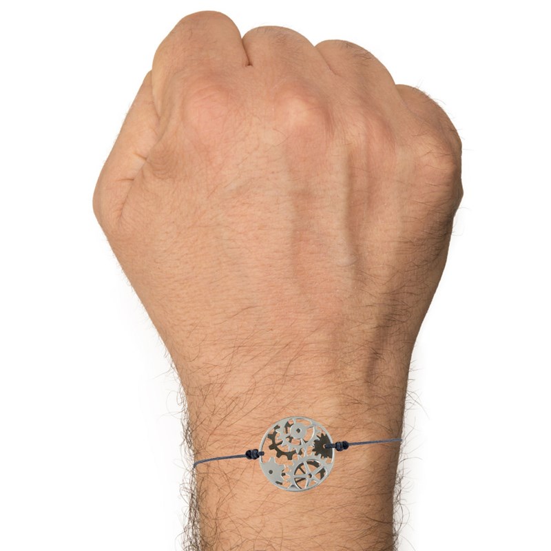 Bracelet Lien Homme Rouages Médaille Réversible Argent et Ruthénium - Gris