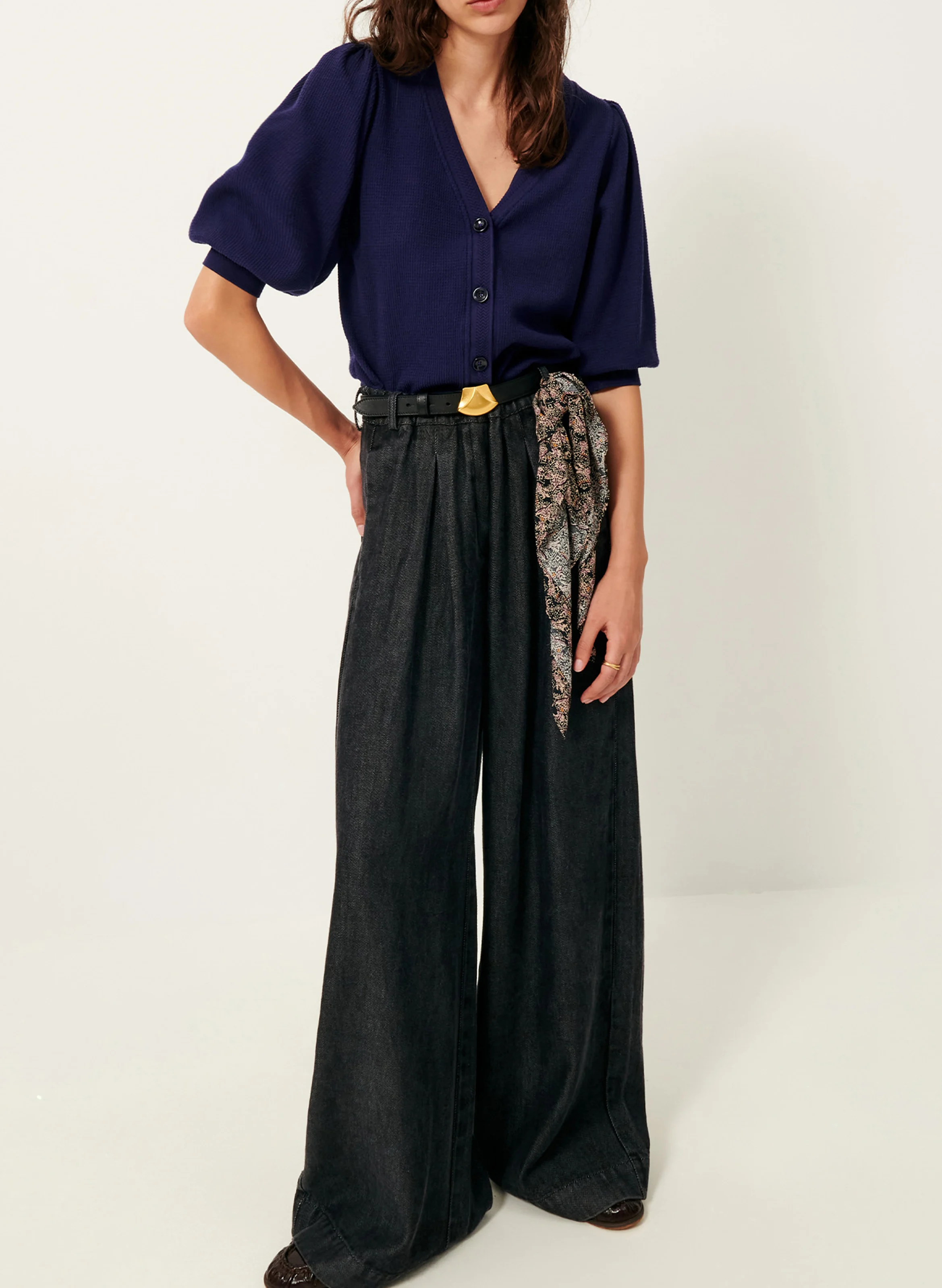 CARBONEL - Cardigan à col V droit texturé en coton mélangé | Bleu