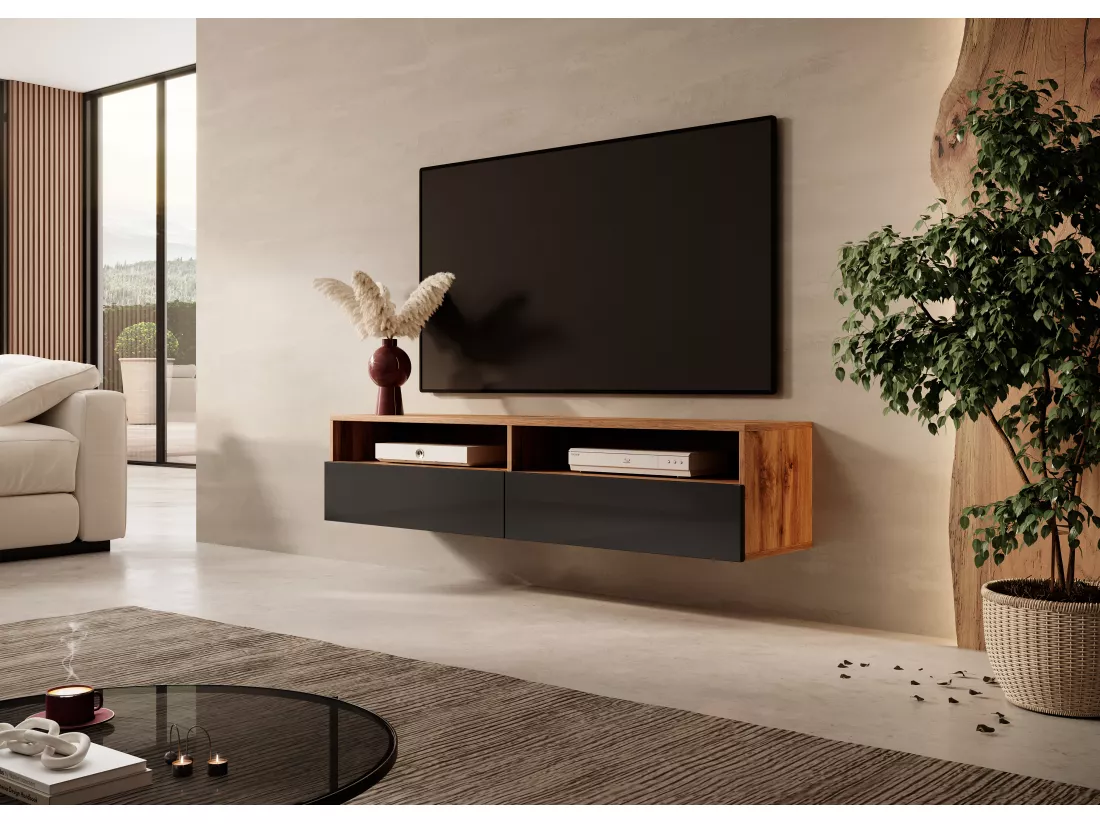 Meuble TV - 140 cm - chêne wotan / noir brillant - REDNAW