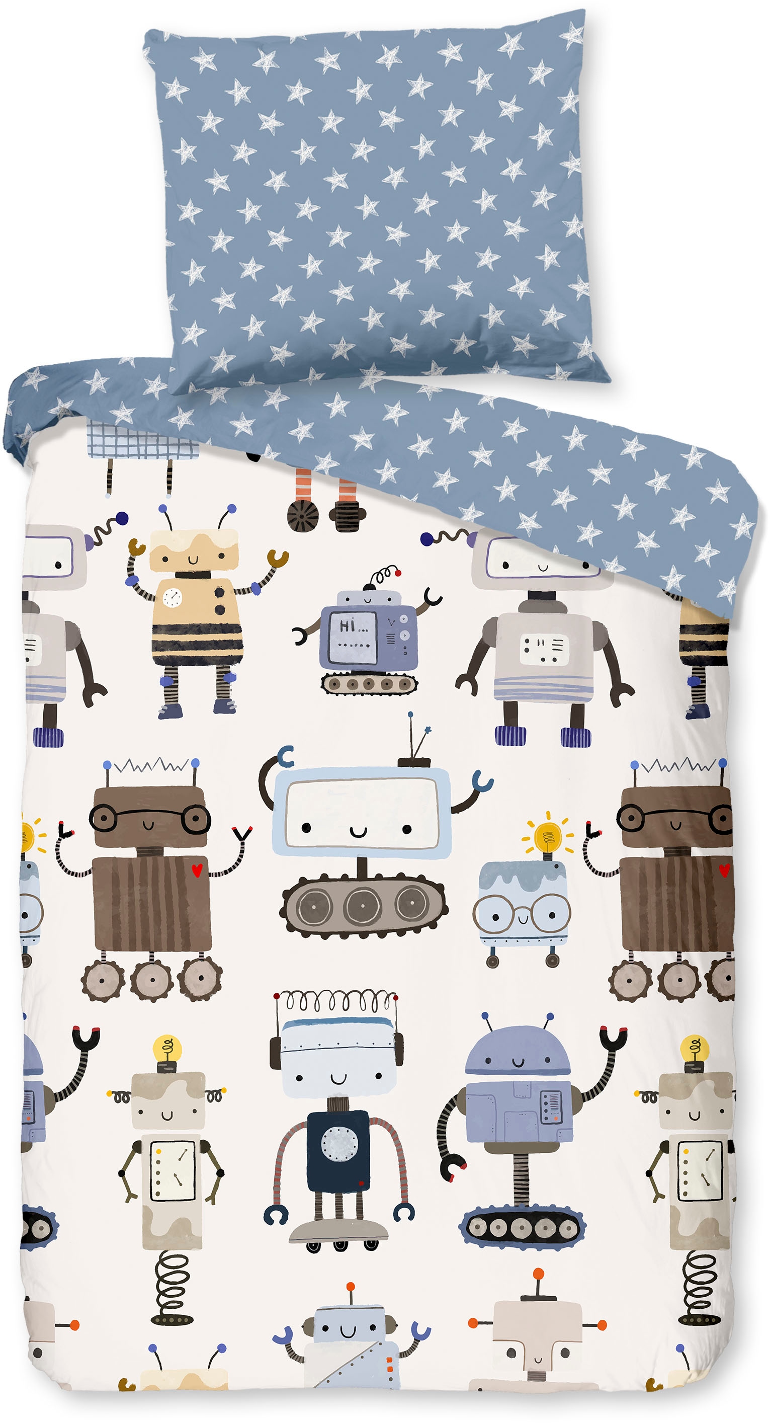 good morning Babybettwäsche »Robo« 2 Stk. tlg. Baumwolle, Reissverschluss, Wendeoptik, Baby, Junge, Roboter, Weiss blau