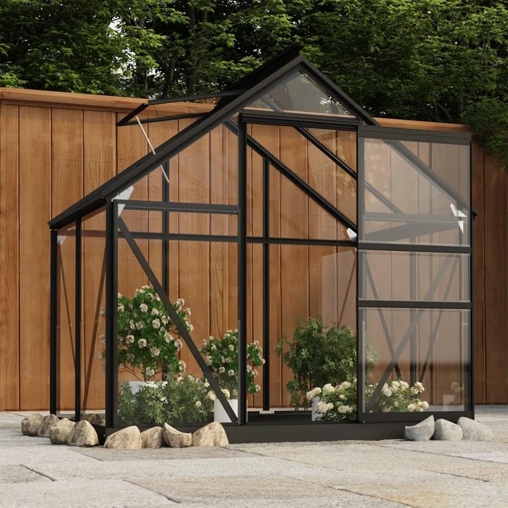 Gewächshaus im Garten Glas Anthrazit 155x103x191 cm Aluminium Gewächshaus Klein Frostschutz Pflanzen Winterschutz Gemüsehaus Treibhaus Gerätehaus Tomatenhaus UV-beständig&Wärmegedämmt