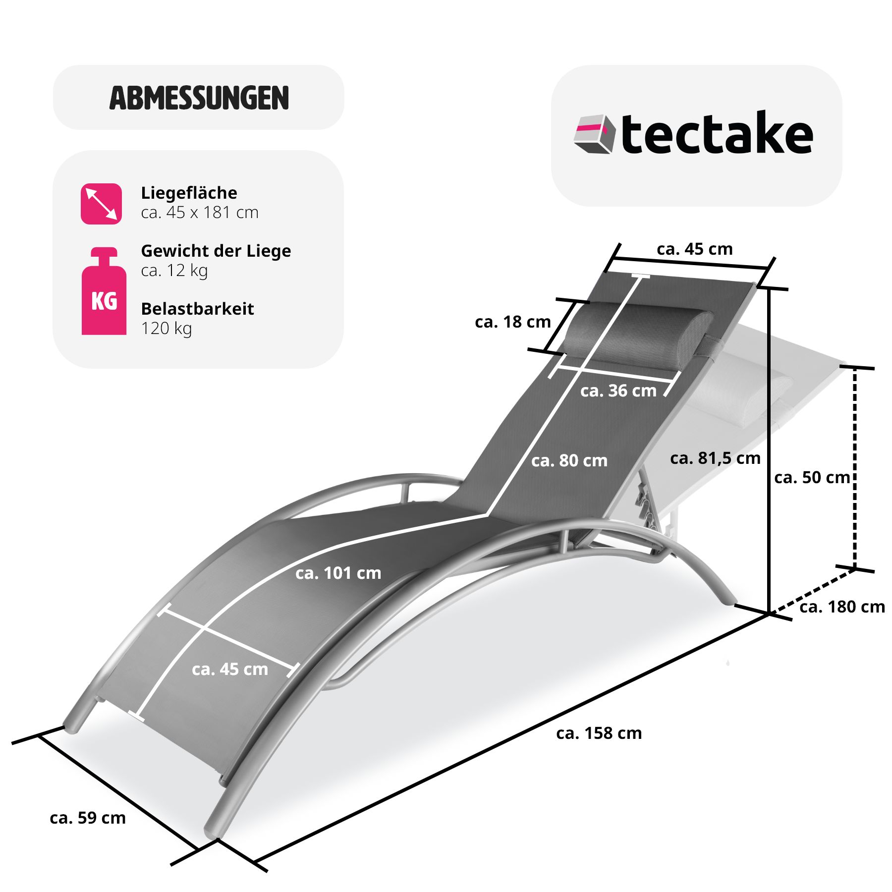 tectake® 2er Set Gartenliege, Textilene-Gewebe, 5-fach verstellbare Rückenlehne mit Kopfpolster, 180 x 59 x 50 cm