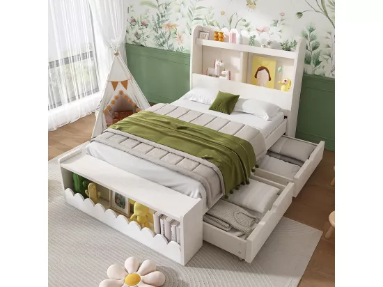 Lit simple enfant 90x200 cm avec tiroirs, étagères et banc avec espace de rangement, blanc + chêne