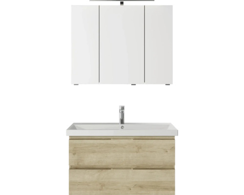 3-delige badkamermeubelset Pelipal serie 4035 BxHxD 90 x 200 x 45 cm, frontkleur eiken riviera, met keramische wastafel in wit en keramische wastafelkast, wastafelmeubel, spiegelkast met LED-verlichting 40350900121470