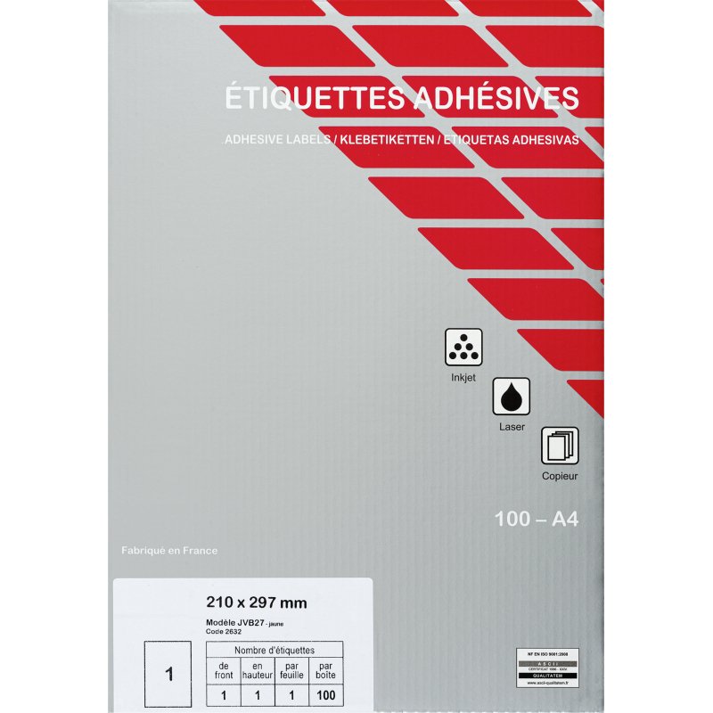 Etiquette jet d'encre et laser 210 x 297 mm couleur vive - Boîte de 100