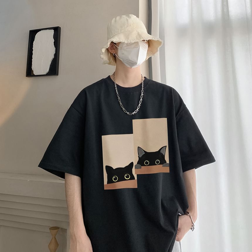 Lingaris - T-shirt met ronde hals en kattenprint, met elleboogmouwen