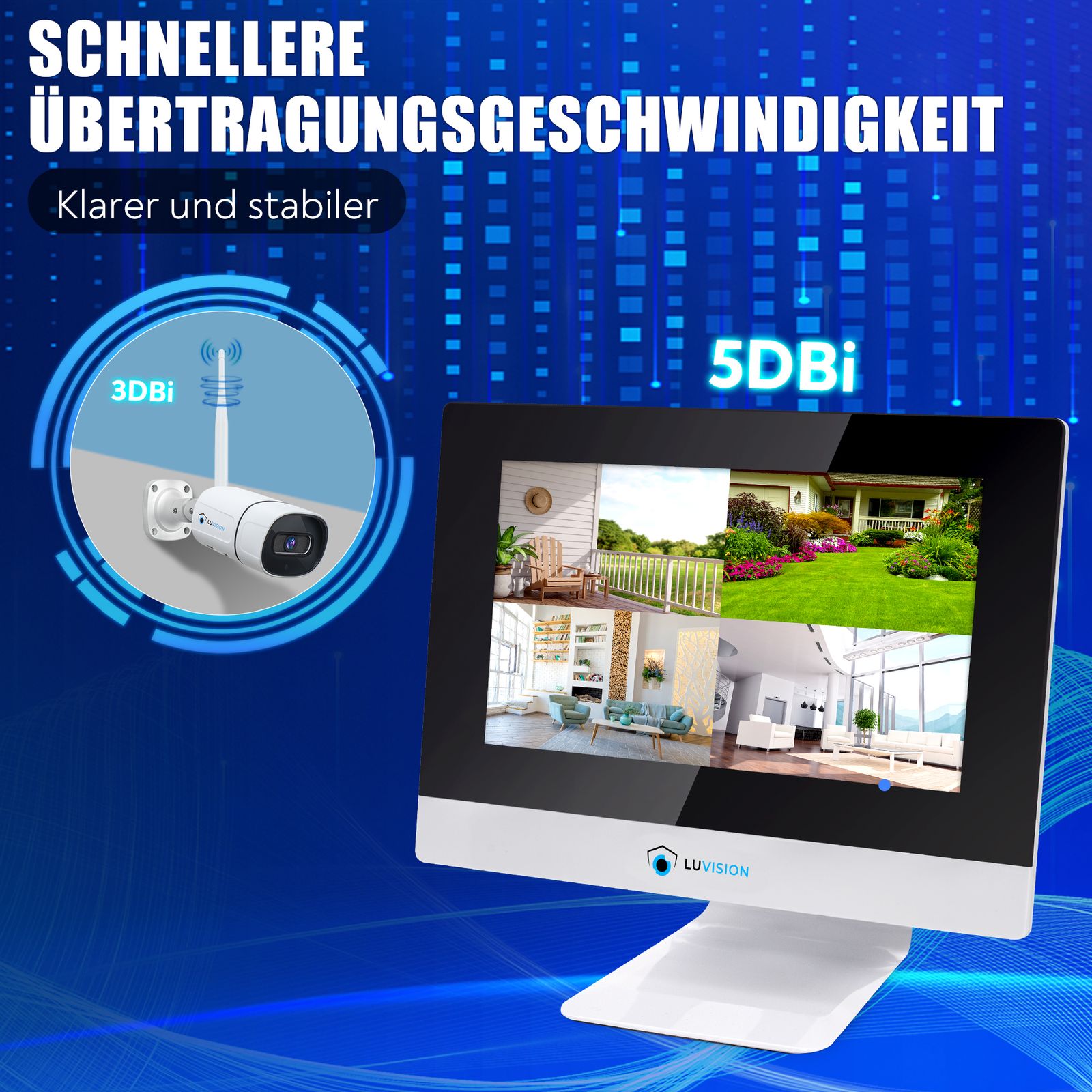 LUVISION WLAN Funk Kamera Set Überwachungssystem mit Monitor HDD-Rekorder & Cloud Speicher 4 bis 8 IP Kameras & App