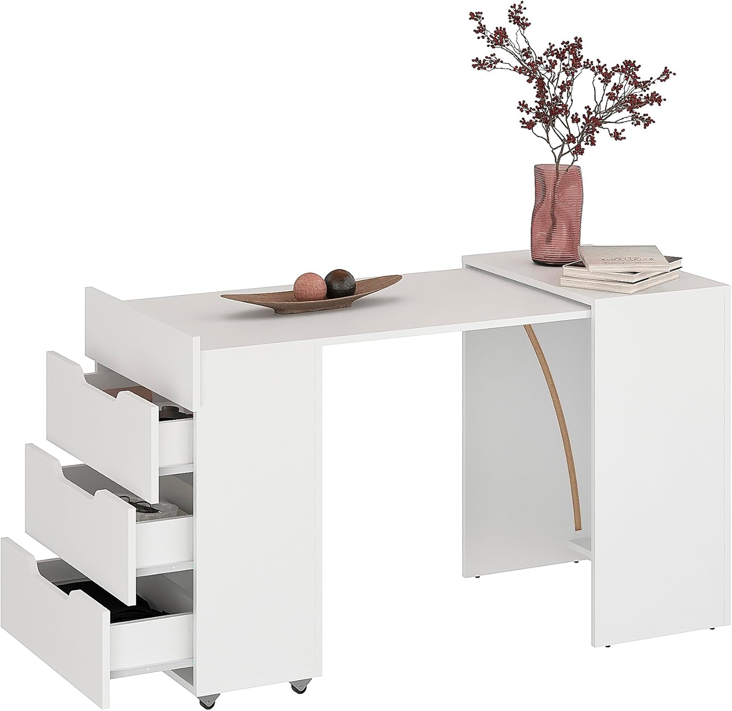 KOMTO Schreibtisch Weiß mit 3 Schubladen – Computertisch, Klappschreibtisch mit Stauraum, PC Tisch, Bürotisch für kleine Räume | Table FOLDY2 128 x 60 x 75 cm