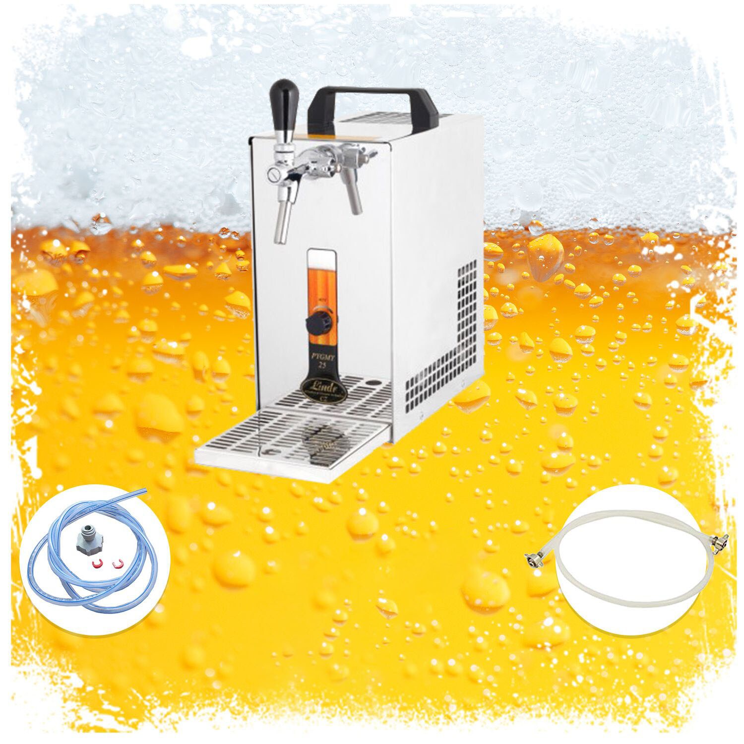 Komplett Set - Zapfanlage, Bierzapfanlage, Bierzapfen PYGMY 20/K mit Membranpumpe, 1-leitig Trockenkühlgerät aus Edelstahl, 25 Liter/h, Green Line, Korb