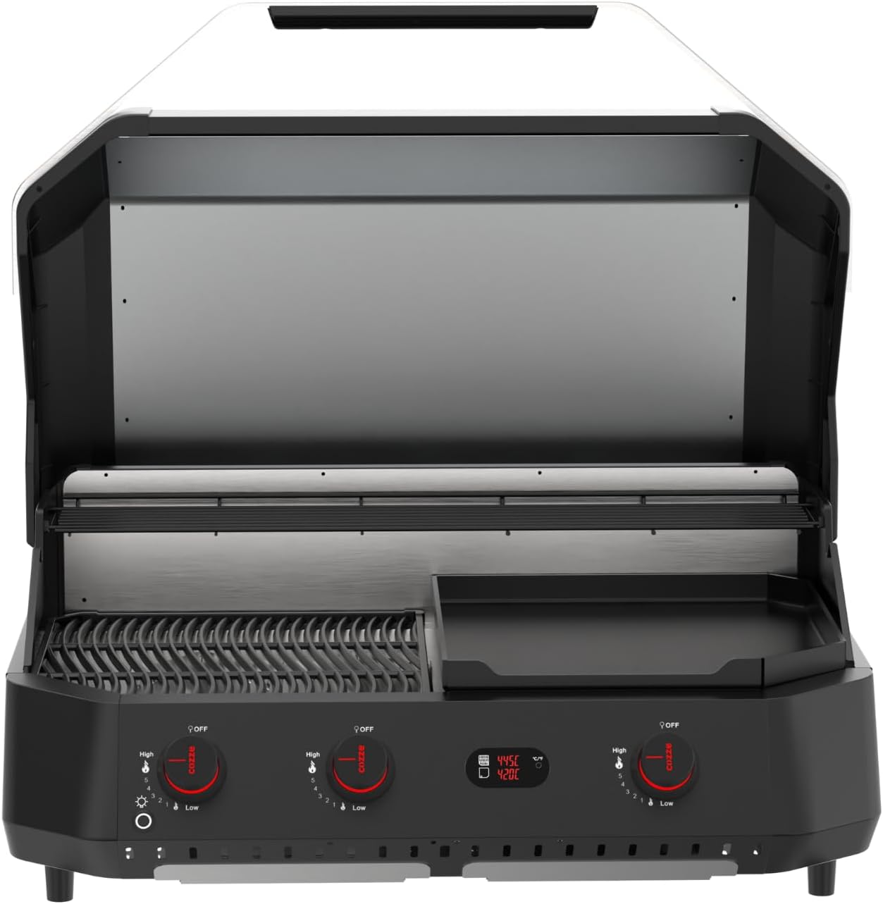 Cozze® G-800 COMBO Plancha-Grill – 3-Brenner Gasgrill mit Grillplatte – 50 mbar – Outdoor Grill mit 9,5 kW Leistung & digitalem Thermometer – inkl. Druckregler & Warmhalterost