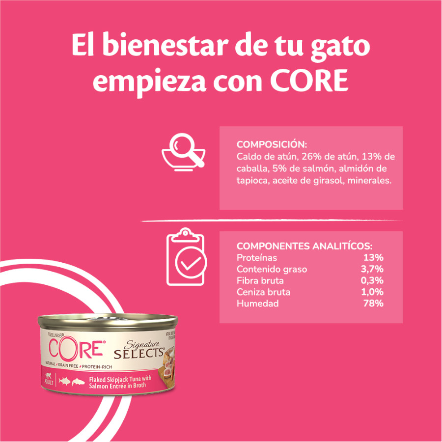 Salmão em flocos Wellness Core, lata de 79g para gatos.