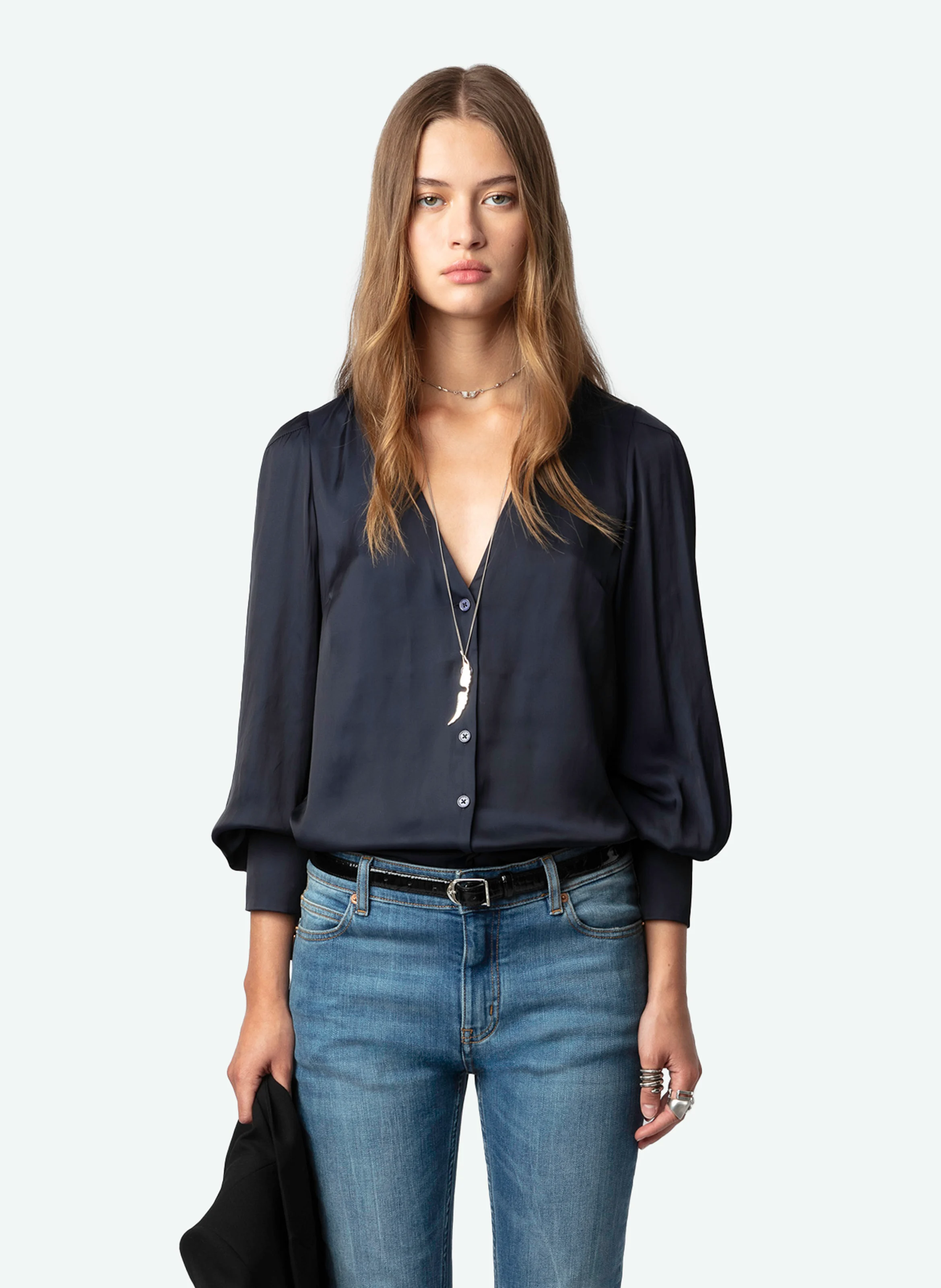 TINOUS - Chemise col V droite en satin | Bleu