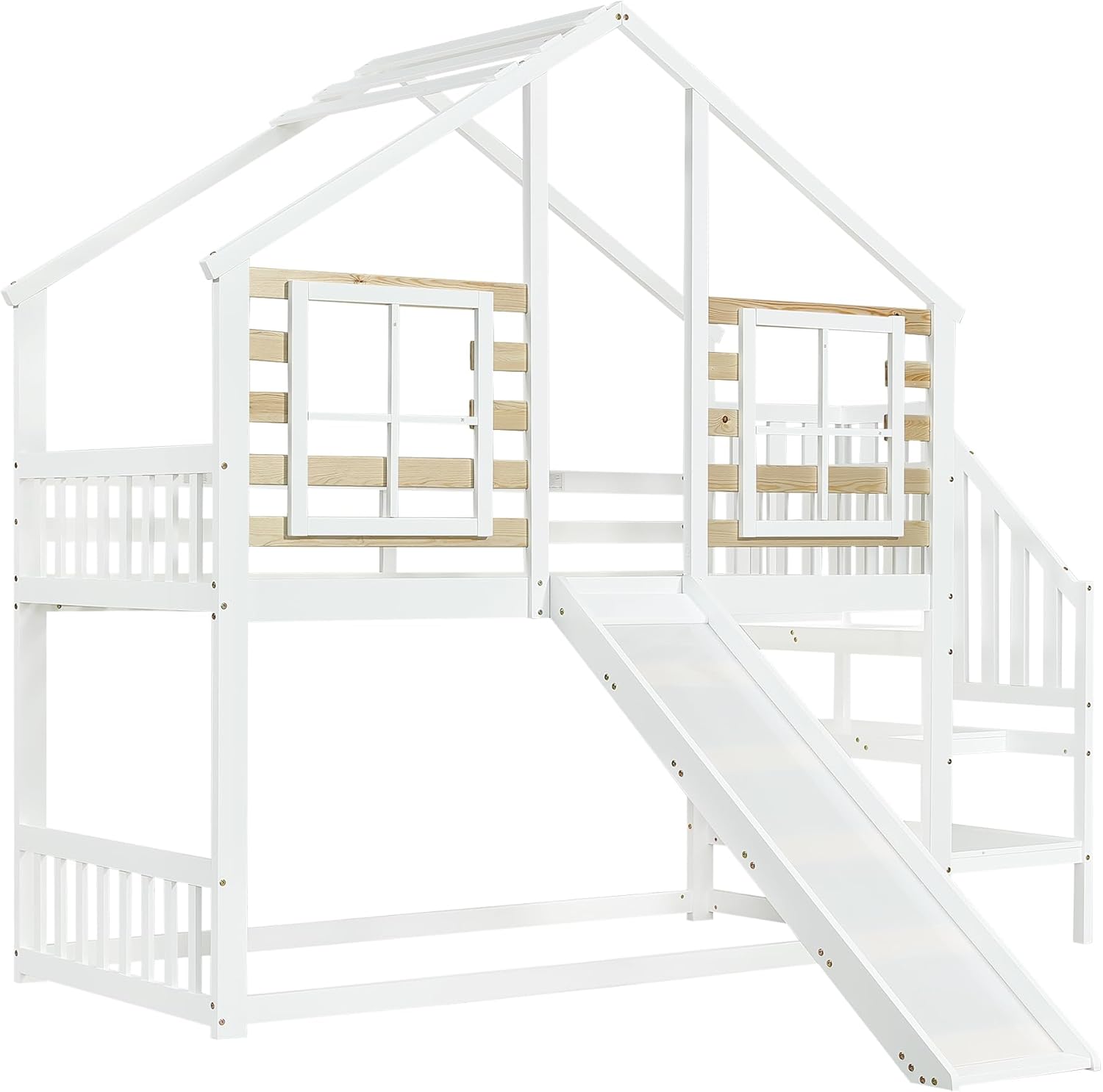 Hochbett Kinderbett 90x200 cm mit Rausfallschutz und Rutsche, Hausbett mit Freiraum unter dem Bett, Etagenbett mit Treppe und Fenster, Holzbett Bettgestell mit Lattenrost, Weiß, Ohne Matratze