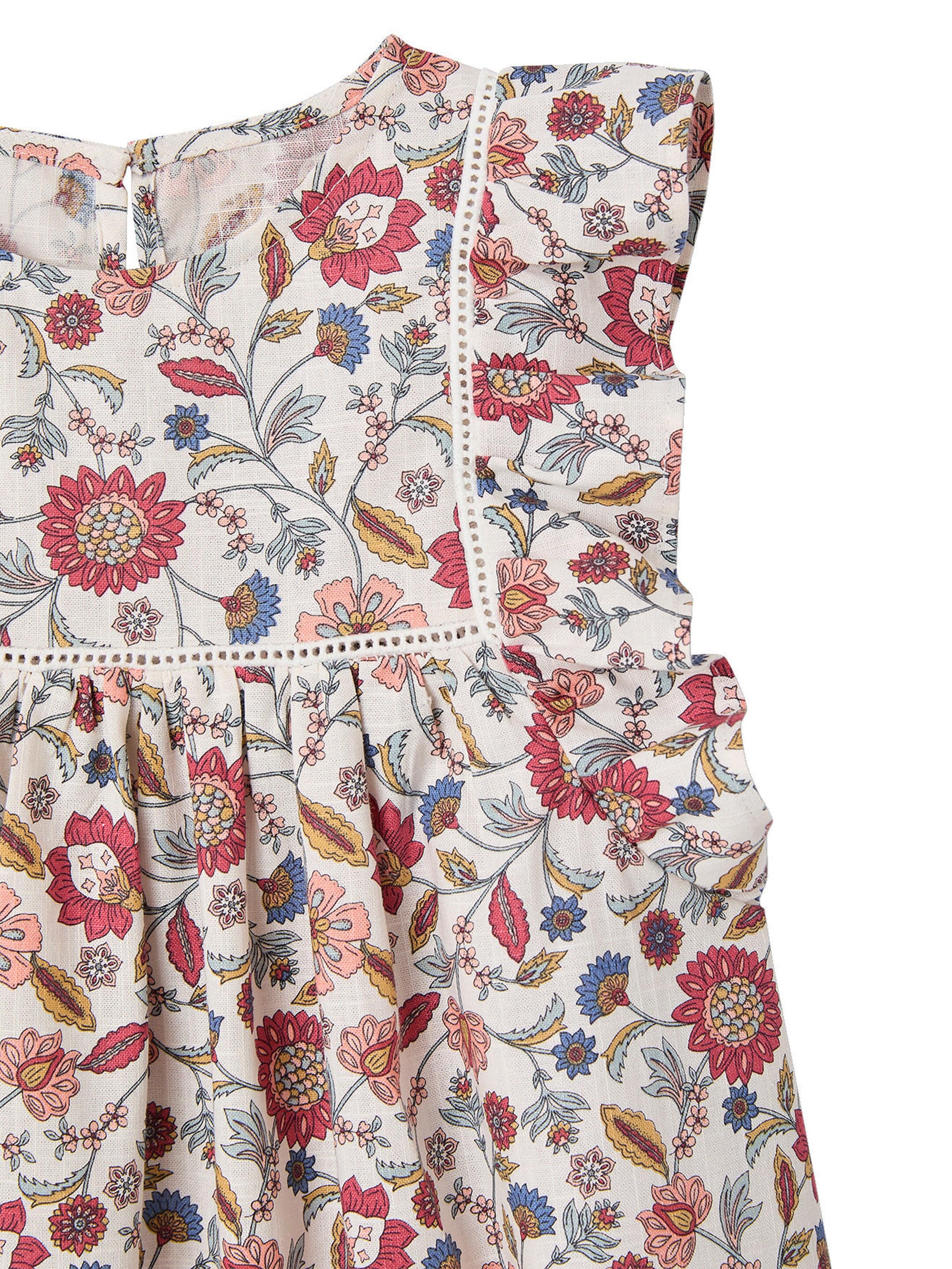 Vertbaudet Geblümtes Mädchen Kleid mit Volants und Makramee wollweiß