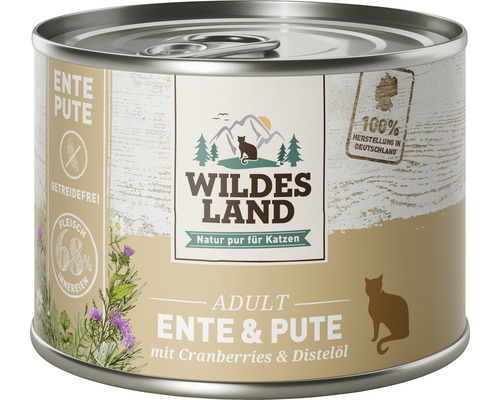 WILDES LAND natvoer voor katten, eend en kalkoen met veenbessen, met waardevolle superfoods, graanvrij, glutenvrij, 200 g