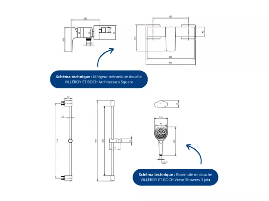 Mitigeur mécanique douche VILLEROY ET BOCH Architectura Square + Ensemble de douche Verve Showers 3 jets Or brossé