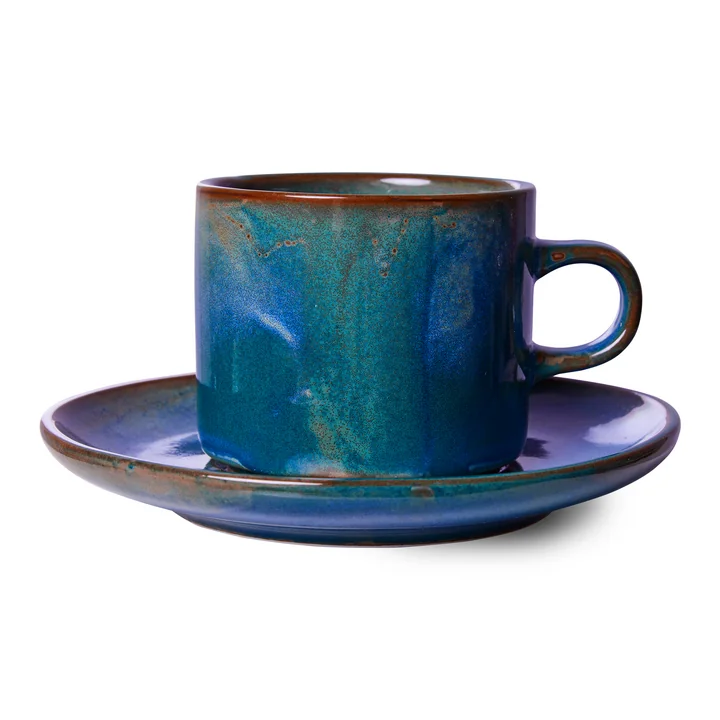 HKliving - Chef Ceramics Tasse mit Untertasse, 220 ml, rustic blue