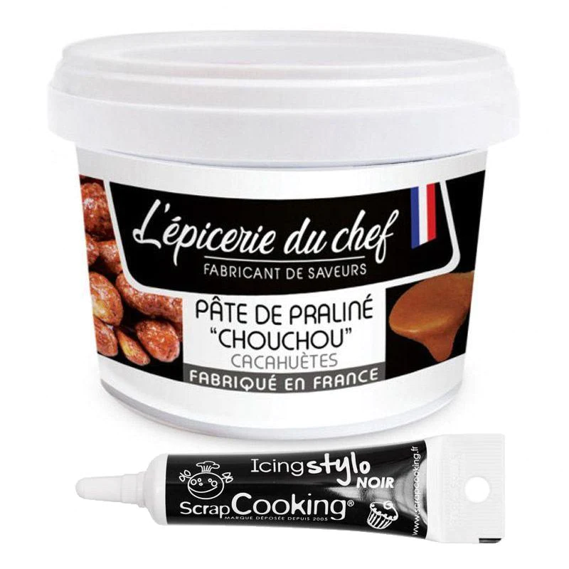 Praliné de cacahuètes caramélisées 200 g + Stylo de glaçage noir Scrap