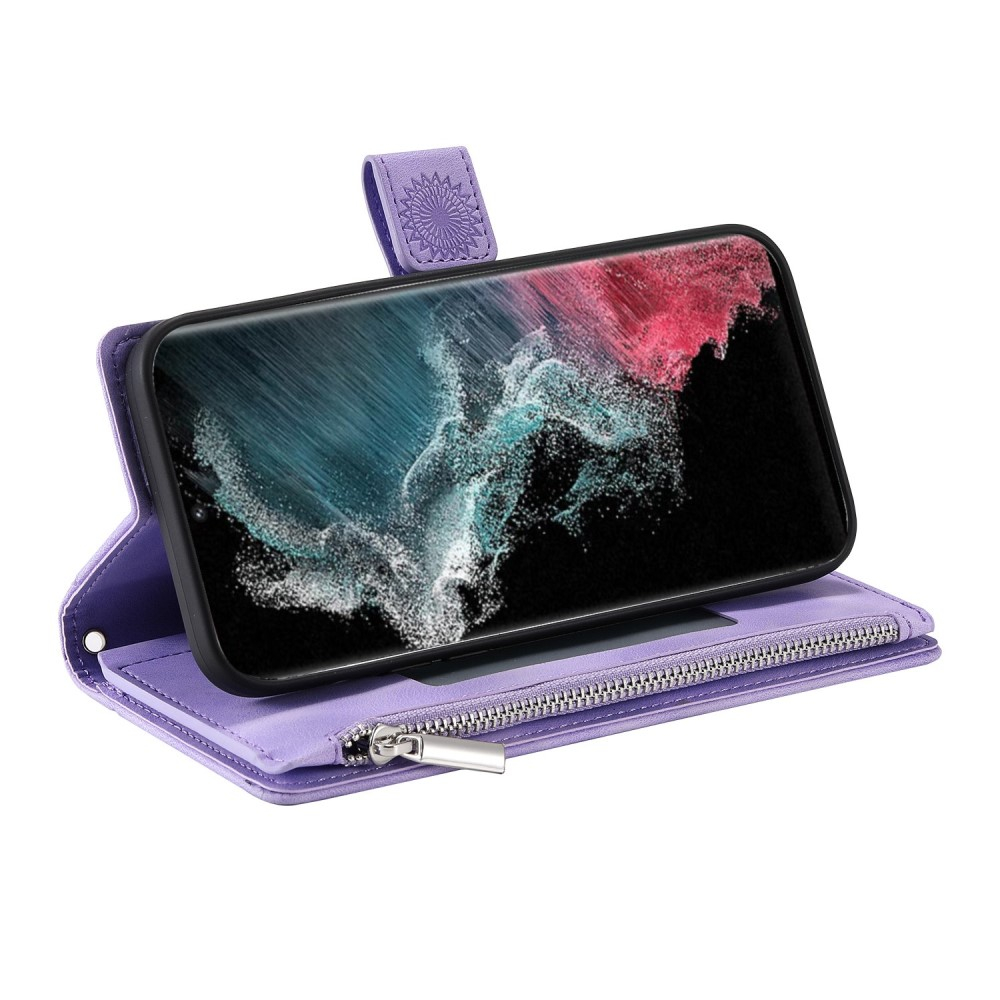Samsung Galaxy S23 Ultra 5G Leder Tasche Flip Cover mit Reissverschluss - Mandala Flowers Imprint - Lila