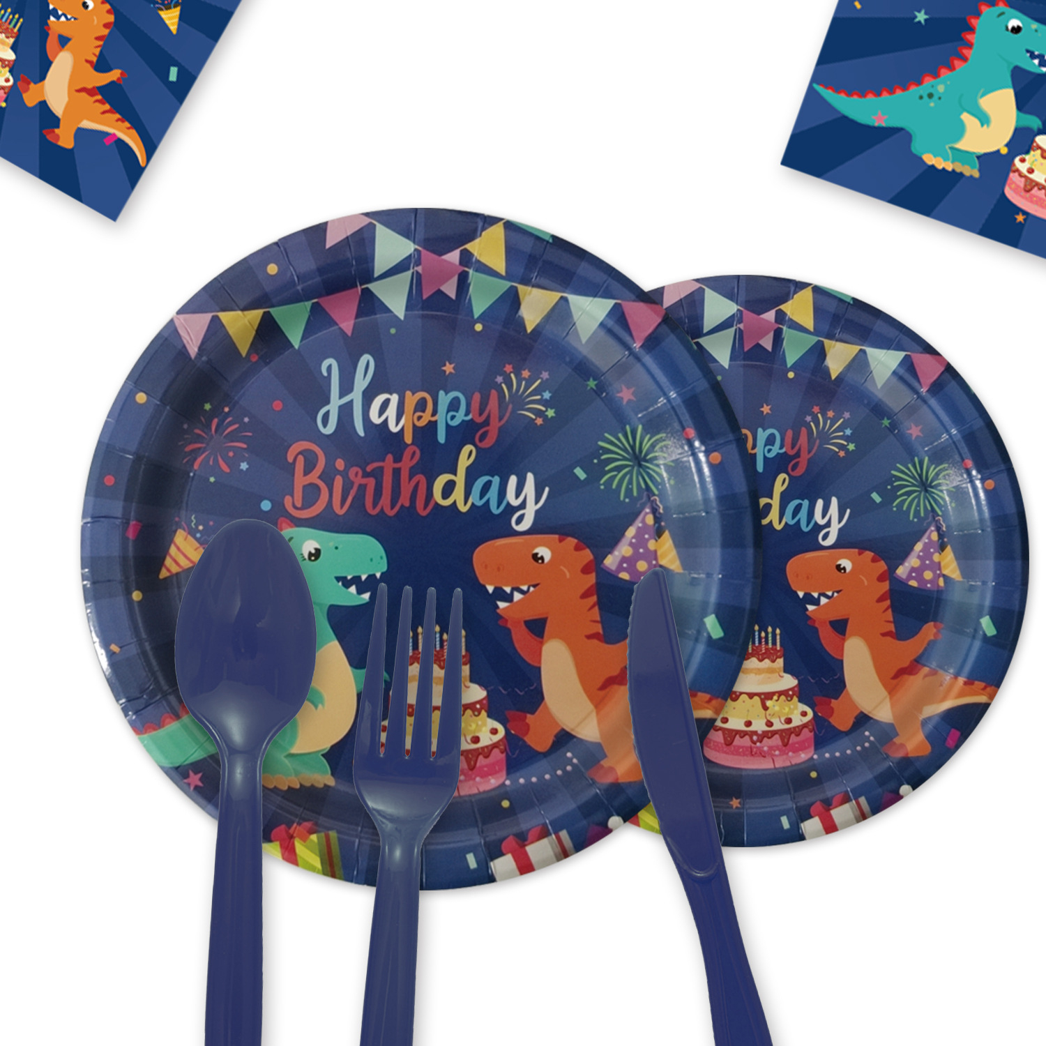 (112-tlg. Set) Happy Birthday Einweg Geschirr Kinder Geburtstags Party Tisch Deko inkl. Teller / Servietten / Papp Becher / Besteck - Dino