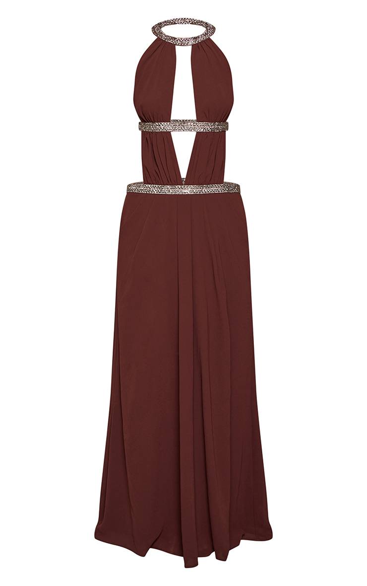 Deep Chocolate Robe Longue En Mousseline À Encolure Américaine Avec Découpes Et Ornements