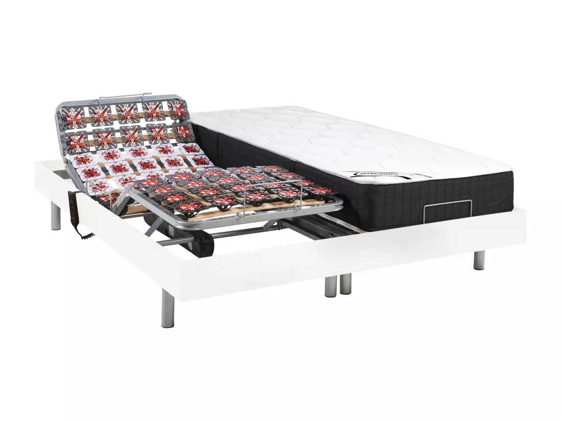 Lit électrique de relaxation tout plots + matelas ressorts ensachés et mémoire forme - 2 x 70 x 190 cm - Blanc - PHANES de YSMÉE