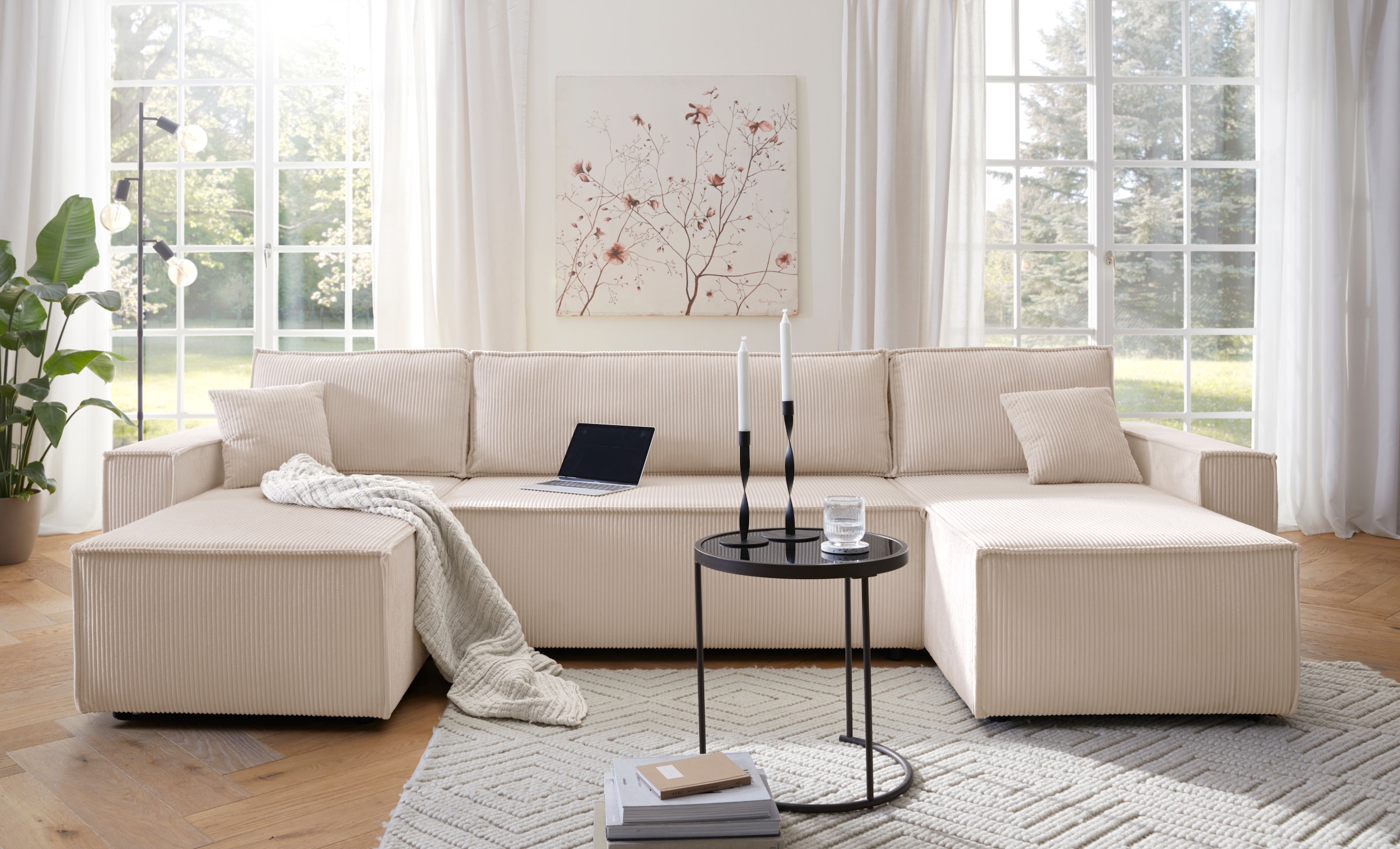 GOODproduct Wohnlandschaft »CASSI, 311 cm, U-Form, Schlafsofa, Bettkasten, Boxspringfederung, Cord« Schlaffunktion (133/270cm), Bettkasten, Seitentaschen, Cord-Bezug