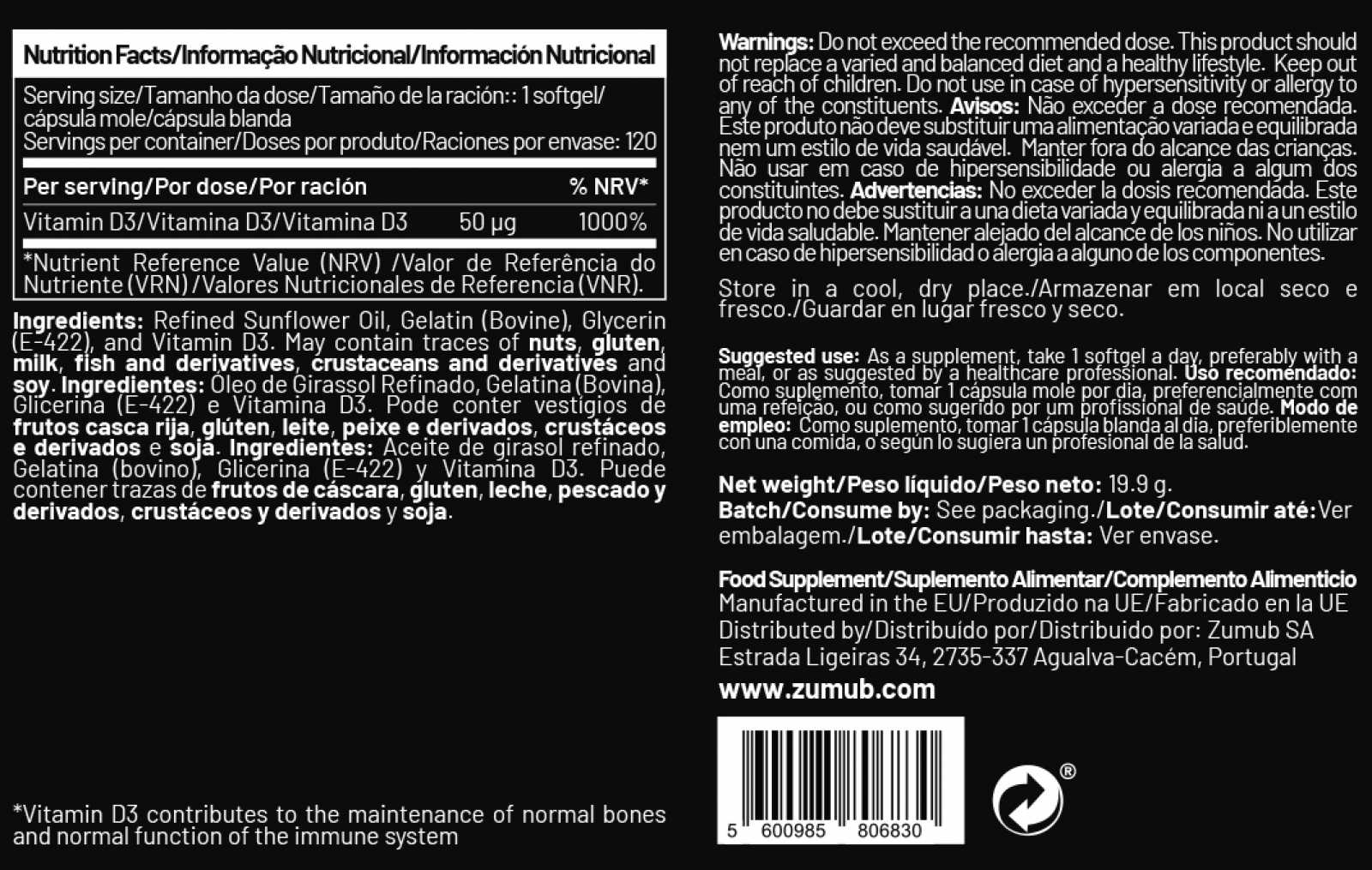 Zumub Vitamina D-3 50µg Profissional 120 cápsulas moles