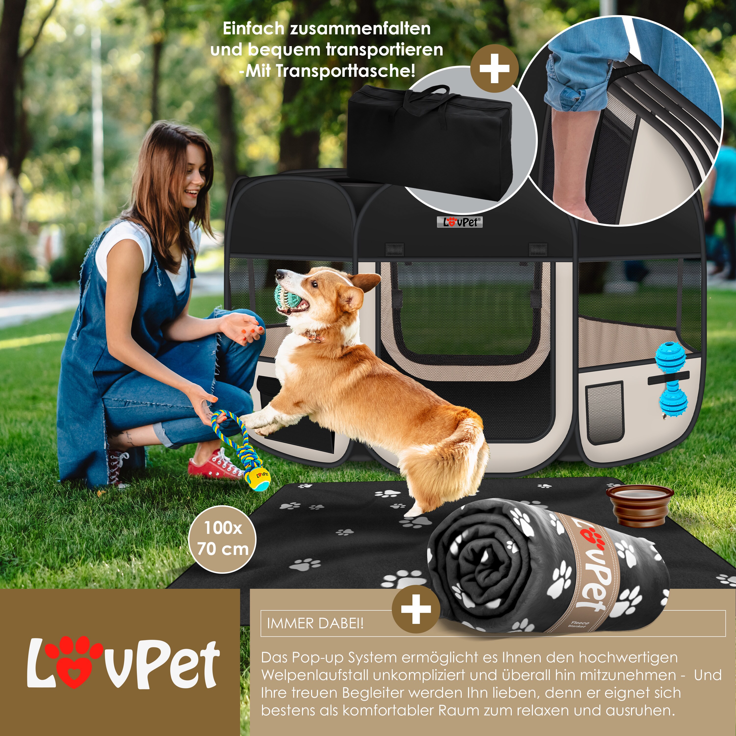 LOVPET® Welpenlaufstall Tierlaufstall Faltbar für Kleintiere Hunde, Katzen Inkl. Hundenapf Hundelaufstall Freigehege Oxfordgewebe Pop-up System Indoor & Outdoor