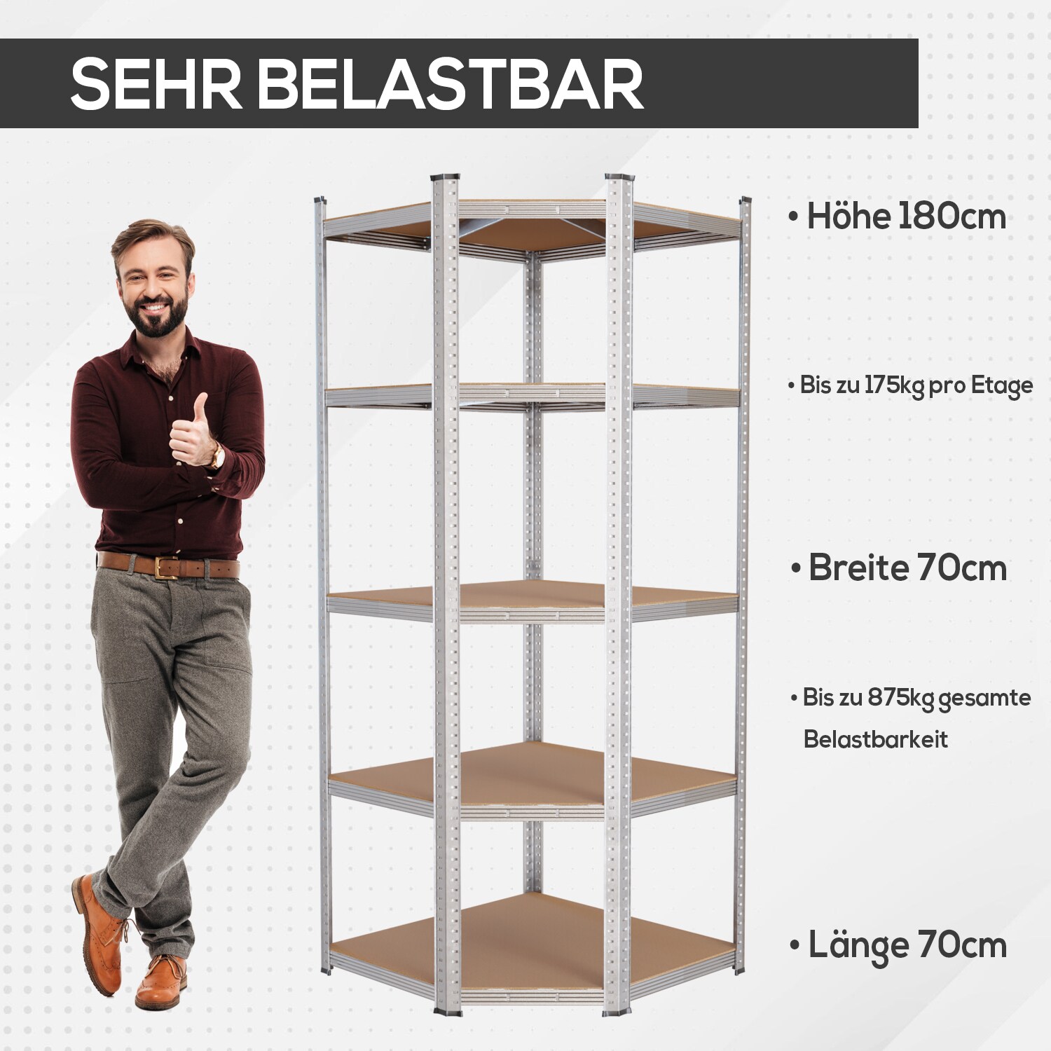 TroniTechnik® Schwerlastregal, Kellerregal, Lagerregal, 40 x 40 x 70 x 70 x 180 cm, Stahlgestell, bis 875 kg , 5 Ablagen
